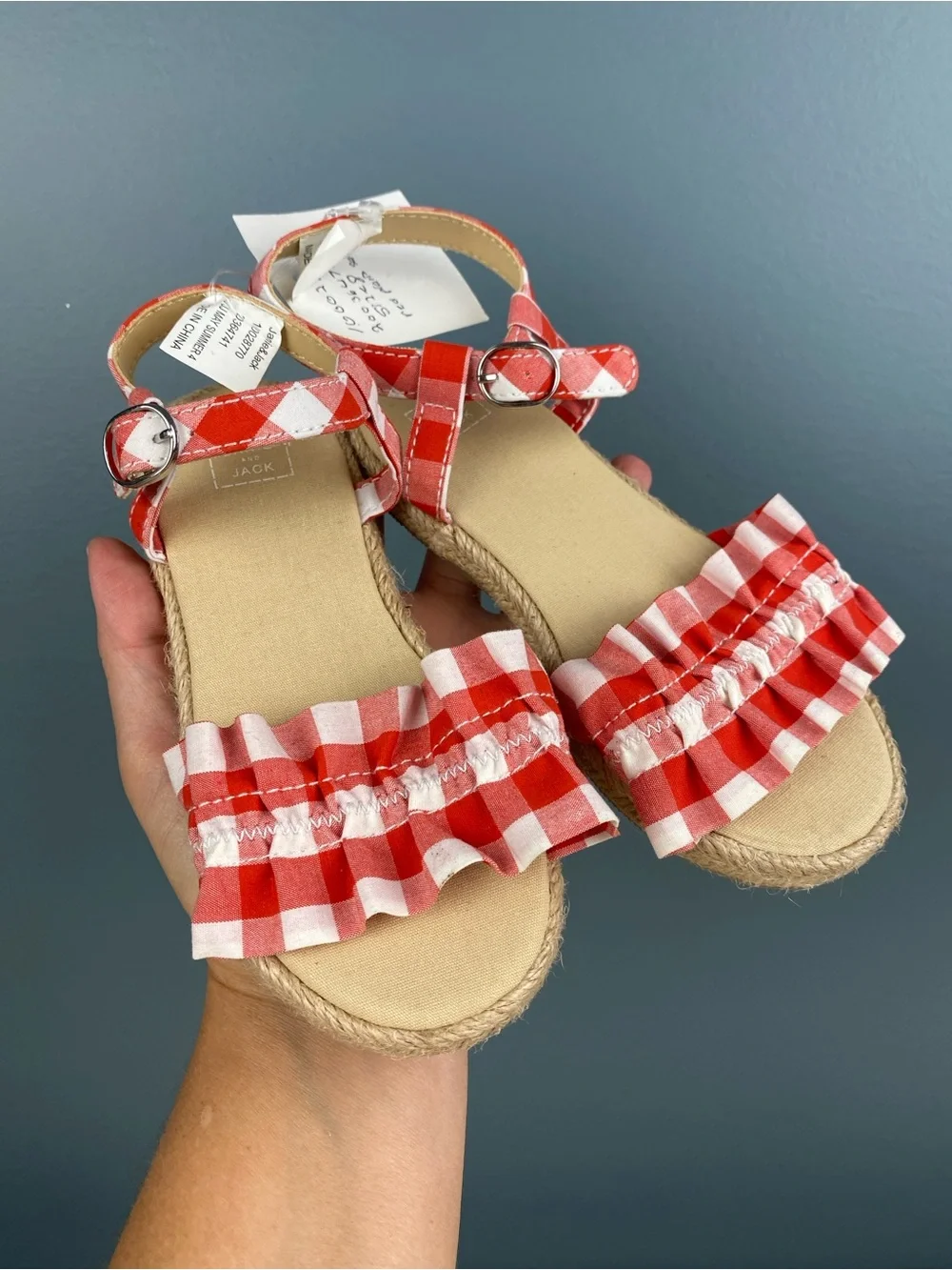 NWT JANIE & JACK red white gingham sandals shoes red Sz 8 espadrilles